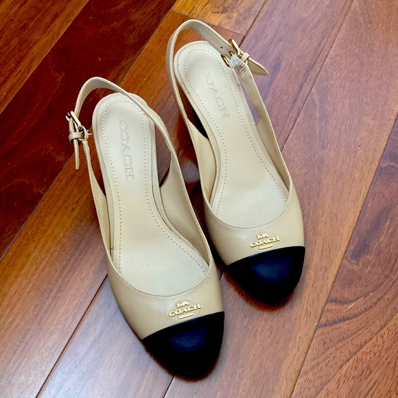 Coach Erica Leather Slingback 2 inch Heels Beige with Black Toe - Picture 1 of 16